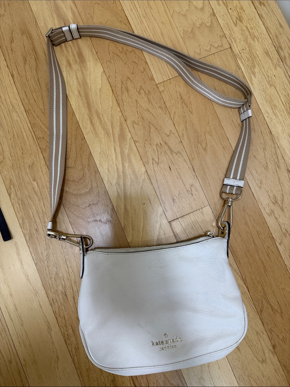kate spade White Pebbled Leather Crossbody with Striped Tan Strap